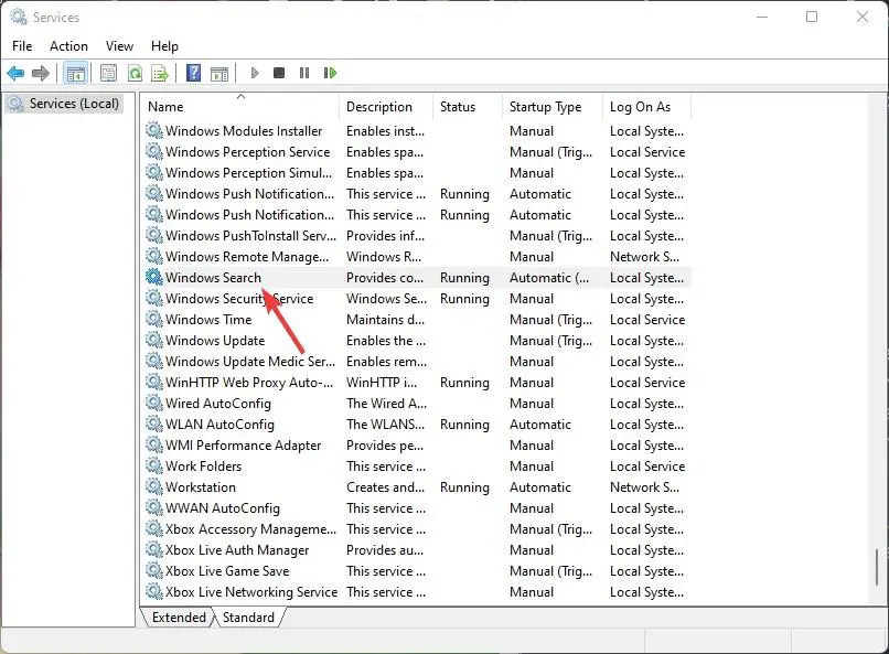 WindowsSearchのプロパティを開く